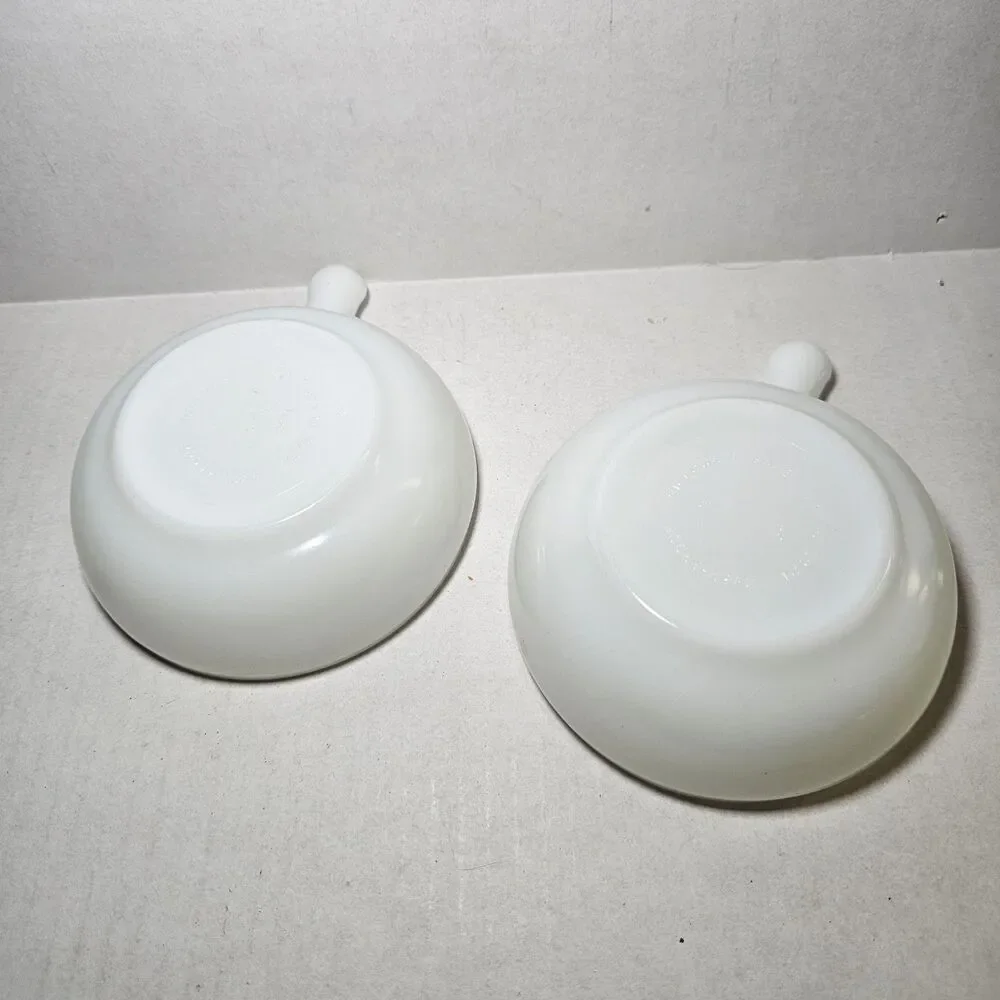 Vintage Set Of 2 Glasbake Milk Glass Soup Chili Bowls w/ Handles Solid White